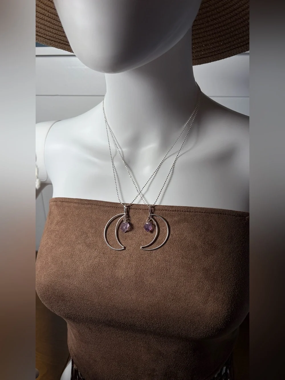 SET of Matching Silver Amethyst Drop Friendship Moons